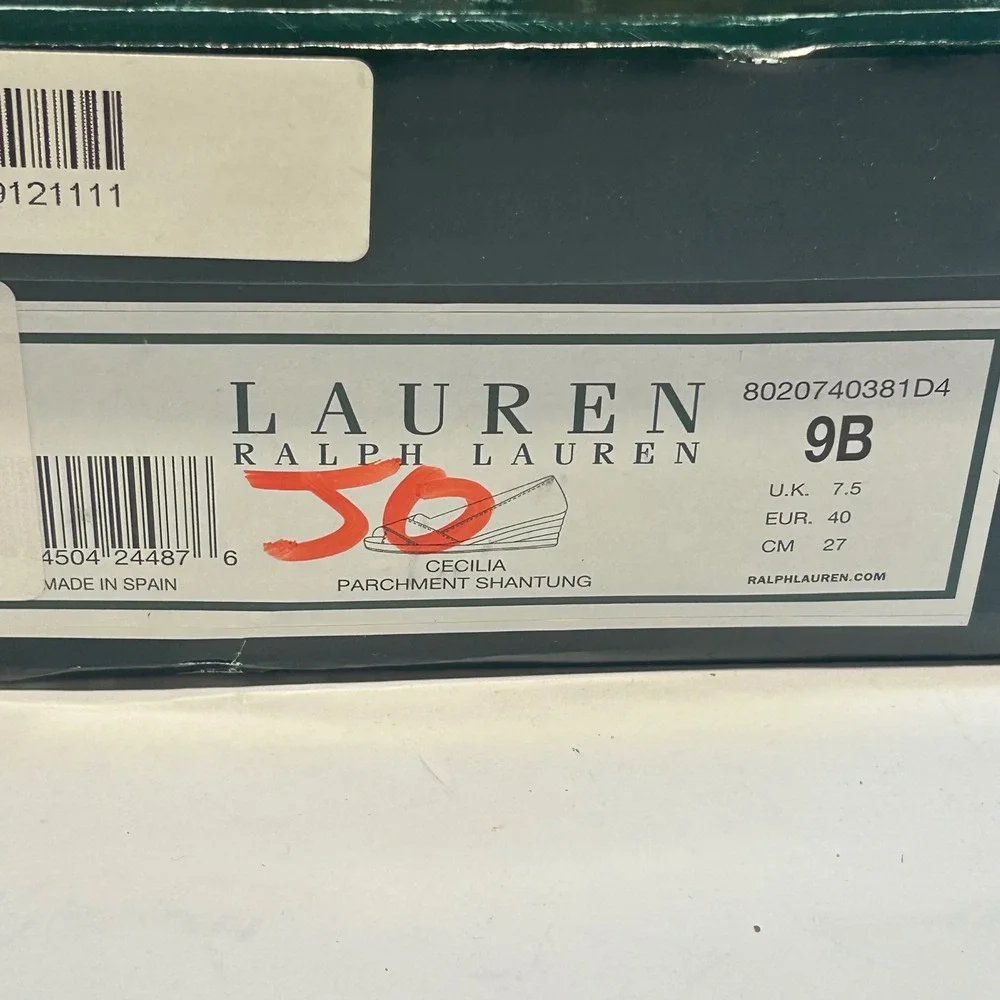 Lauren‎ Ralph Lauren Cecilia Parchment Shantung Espadrille Wedges Gold 9B Spain